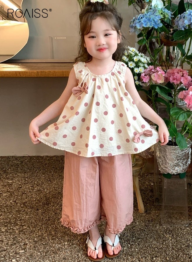 roaiss Girls 2 Piece Outfit, Sleeveless Top and Solid Ninth Pants Set, Kids Stylish Clothing Set with Dot-print Camisole and Wide Leg Pants, Perfect Outfit for Summer  - Image 2