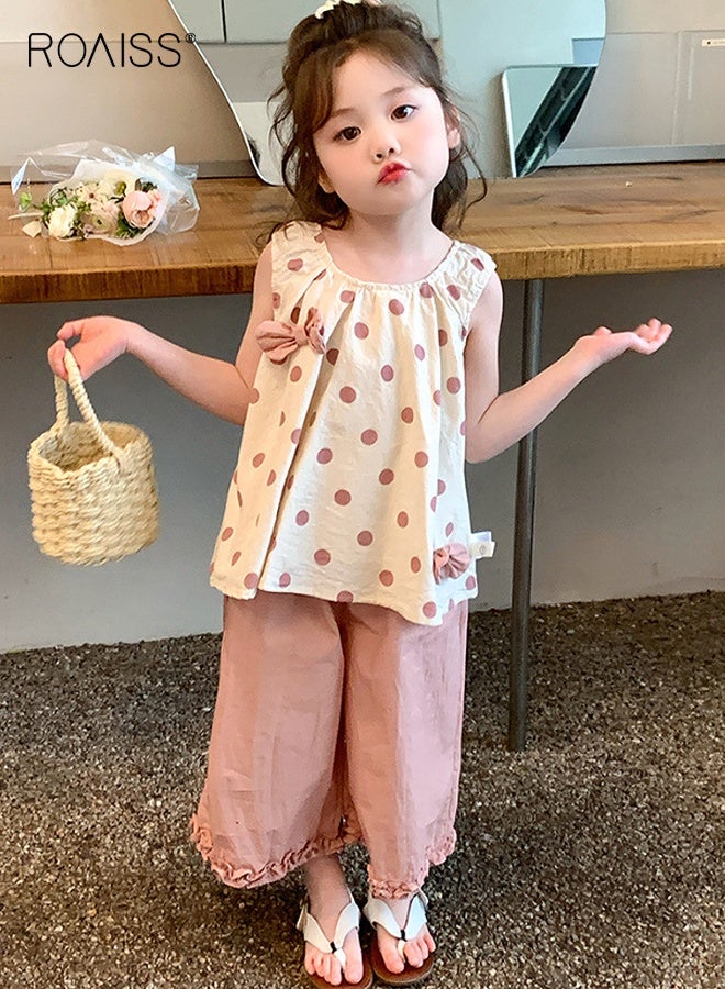 roaiss Girls 2 Piece Outfit, Sleeveless Top and Solid Ninth Pants Set, Kids Stylish Clothing Set with Dot-print Camisole and Wide Leg Pants, Perfect Outfit for Summer  - Image 3