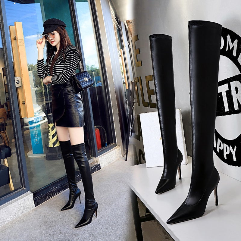 315-16 Style Fashion Simple Thin Heel High Heel Pointed Winter Nightclub Slim Pedicure Knee Boots - Image 3
