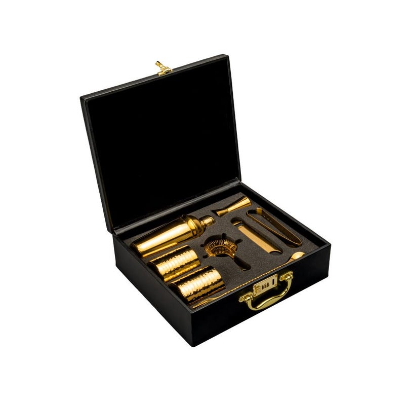 Abrazo Bartender Kit with Carrying Case, 8-Piece PVD Gold Gloss Finish Cocktail Set, Hammered Glasses and Cocktail Shaker, Black Gift Box, Bar Tool Set, Bar accessoires, Barset - Image 1