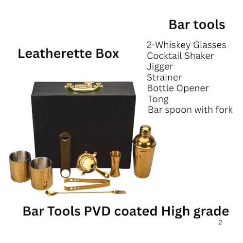 Abrazo Bartender Kit with Carrying Case, 8-Piece PVD Gold Gloss Finish Cocktail Set, Hammered Glasses and Cocktail Shaker, Black Gift Box, Bar Tool Set, Bar accessoires, Barset - Image 4