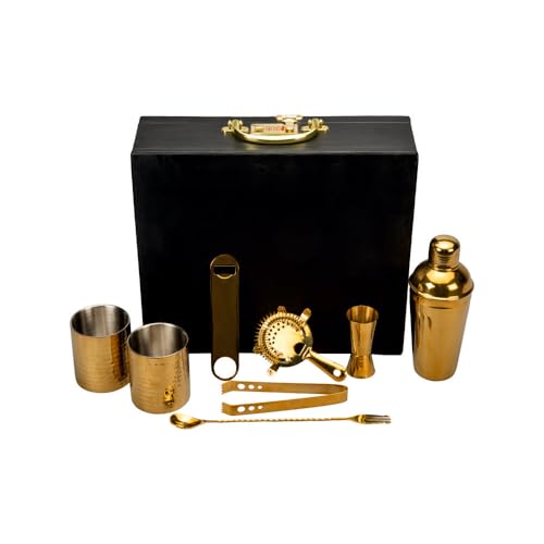 Abrazo Bartender Kit with Carrying Case, 8-Piece PVD Gold Gloss Finish Cocktail Set, Hammered Glasses and Cocktail Shaker, Black Gift Box, Bar Tool Set, Bar accessoires, Barset - Image 3