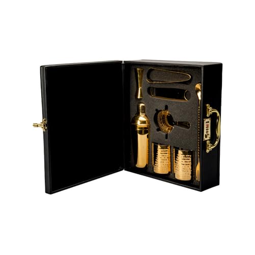 Abrazo Bartender Kit with Carrying Case, 8-Piece PVD Gold Gloss Finish Cocktail Set, Hammered Glasses and Cocktail Shaker, Black Gift Box, Bar Tool Set, Bar accessoires, Barset - Image 2