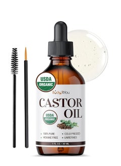 BodyJ4You BodyJ4You Organic Castor Oil for Hair Growth: Natural Serum for Eyelashes and Eyebrows - Glass Bottle 1 Fl Oz  - Image 1