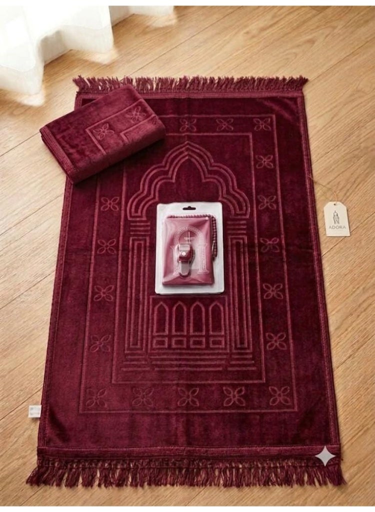 Comfortable Brown Prayer Mat Set with Tasbih Prayer Beads
