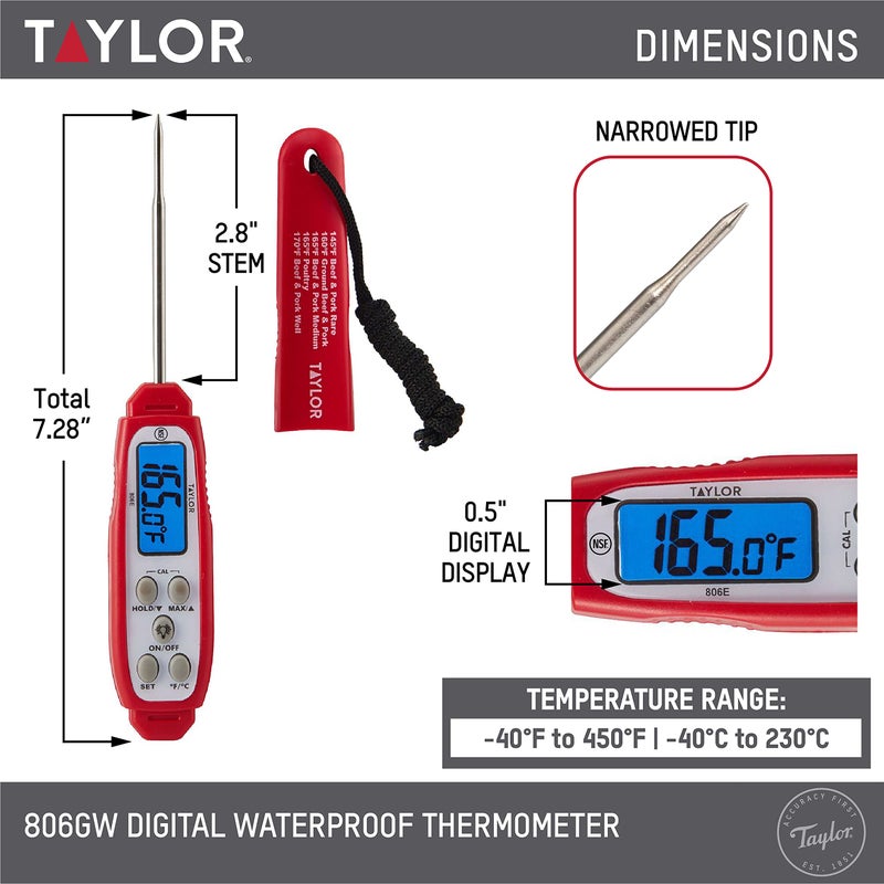 Taylor Digital Waterproof Thermometer with Bright Blue Backlight for Kitchen, Meat, Food, Grill, BBQ Cooking, Red, Standard,(806GW) - Image 2