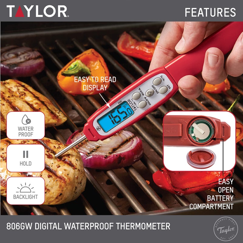 Taylor Digital Waterproof Thermometer with Bright Blue Backlight for Kitchen, Meat, Food, Grill, BBQ Cooking, Red, Standard,(806GW) - Image 3