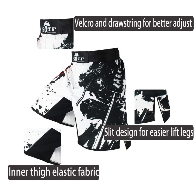 SOTF MMA Shorts Muay Thai Boxing Trunks Comfortable Kickboxing Fight Wear, White, XXL=31-36" - Image 2
