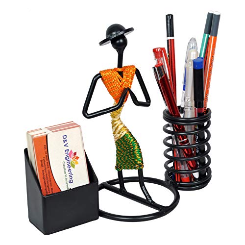 D&V ENGINEERING - Creative in innovation D&V Engineering Namaste Welcome Gesture Pen/Pencil and Visiting Card Holder with Indian Tricolor/Tiranga Dressed Lady - Image 1