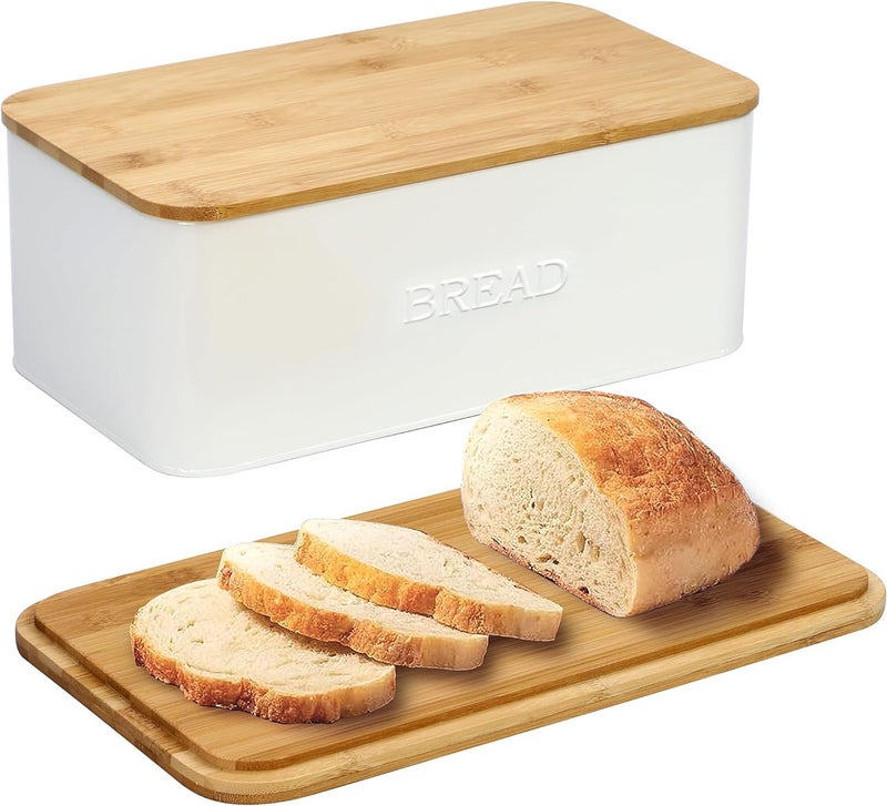 OUTSHINE White Bread Box for Kitchen Countertop, Small Storage Container with Bamboo Lid, Modern Kitchen Organizer for Sourdough, Buns, and Loaves, Bread Storage with Cutting Board Lid - Image 1