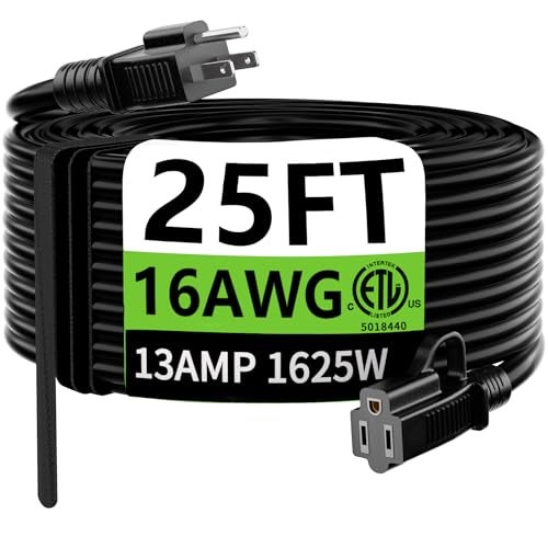 HUANCHAIN Indoor Outdoor Black Extension Cord 25 ft Waterproof, 16/3 Gauge Flexible Cold-Resistant Appliance Cable Outside, 13A 1625W 16AWG SJTW, 3 Prong Heavy Duty Electric Cord, ETL - Image 1