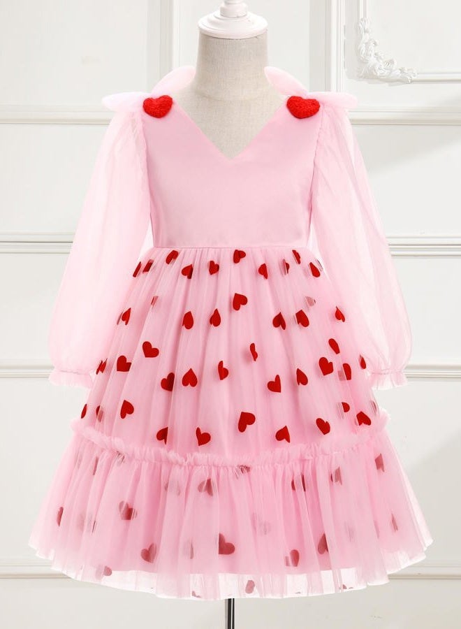 OBEEII Girls Dress Mesh Long Sleeve Strawberry/Hearts/Cherry Tulle Dress Flower Girl Wedding Pageant Birthday Party Dress, Pink-hearts, 7-8 Years - Image 4