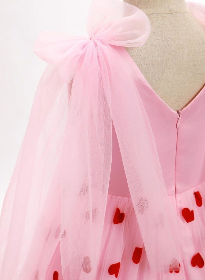 OBEEII Girls Dress Mesh Long Sleeve Strawberry/Hearts/Cherry Tulle Dress Flower Girl Wedding Pageant Birthday Party Dress, Pink-hearts, 7-8 Years - Image 2