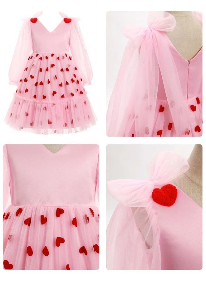 OBEEII Girls Dress Mesh Long Sleeve Strawberry/Hearts/Cherry Tulle Dress Flower Girl Wedding Pageant Birthday Party Dress, Pink-hearts, 7-8 Years - Image 5
