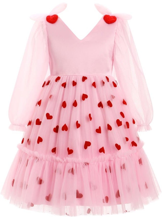 OBEEII Girls Dress Mesh Long Sleeve Strawberry/Hearts/Cherry Tulle Dress Flower Girl Wedding Pageant Birthday Party Dress, Pink-hearts, 7-8 Years - Image 1