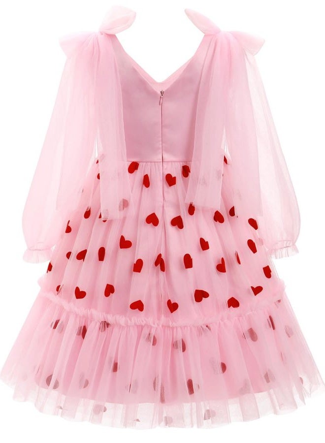 OBEEII Girls Dress Mesh Long Sleeve Strawberry/Hearts/Cherry Tulle Dress Flower Girl Wedding Pageant Birthday Party Dress, Pink-hearts, 7-8 Years - Image 3