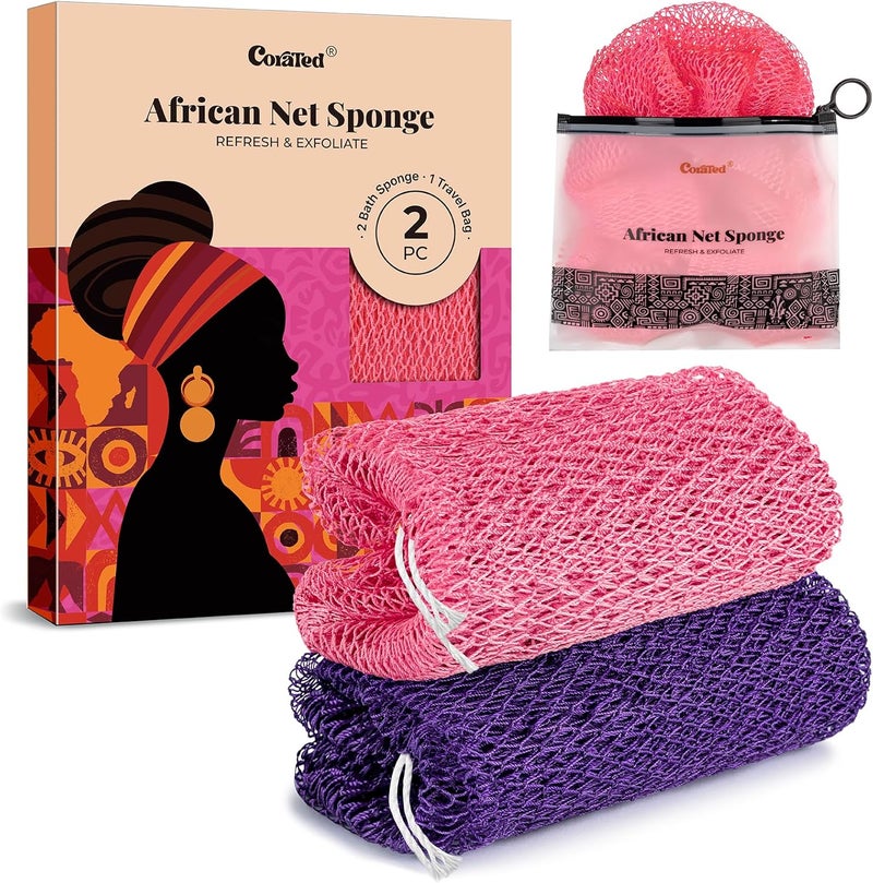 CORATED 2pcs African Exfoliating Net Sponge Set Bath Shower Net Sponges Back Scrubber Washcloth for Shower Beauty Skin Cleaning for Shower Spa Massage Pink Purple