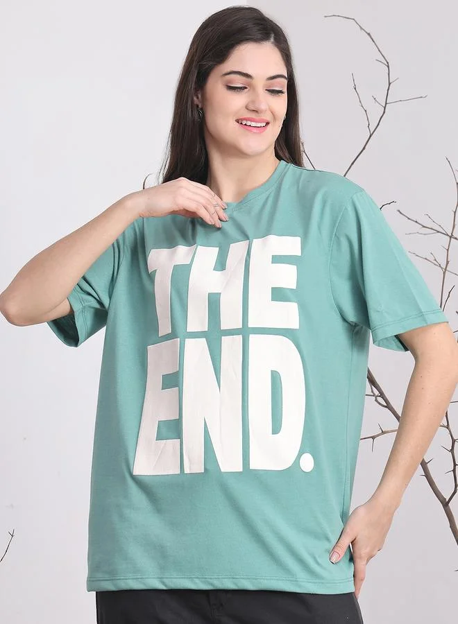 Styli Women Teal Oversized Slogan Print T-Shirt By Door74