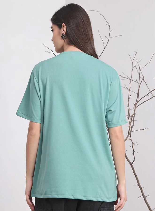 Styli Women Teal Oversized Slogan Print T-Shirt By Door74
