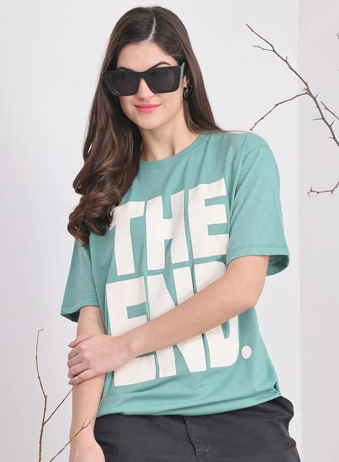 Styli Women Teal Oversized Slogan Print T-Shirt By Door74