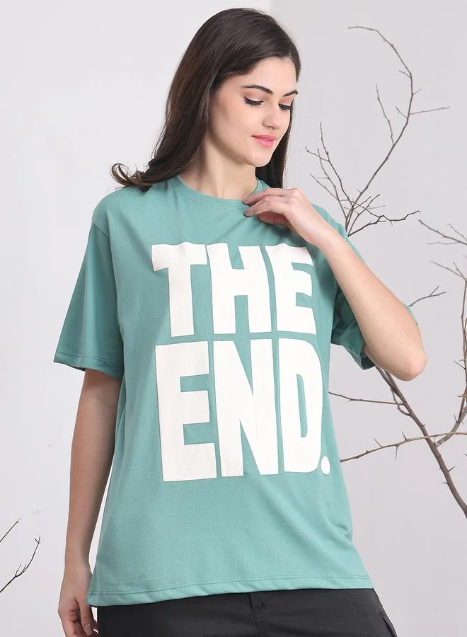 Styli Women Teal Oversized Slogan Print T-Shirt By Door74
