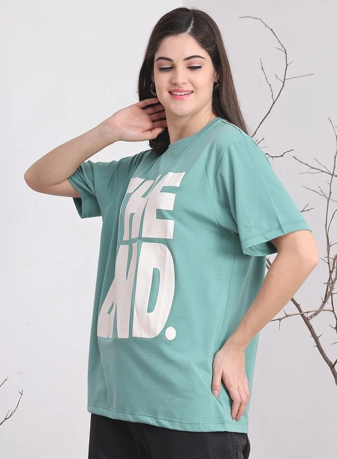 Styli Women Teal Oversized Slogan Print T-Shirt By Door74