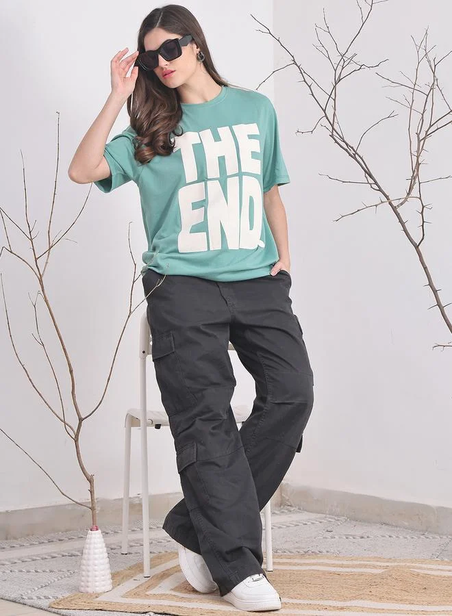Styli Women Teal Oversized Slogan Print T-Shirt By Door74