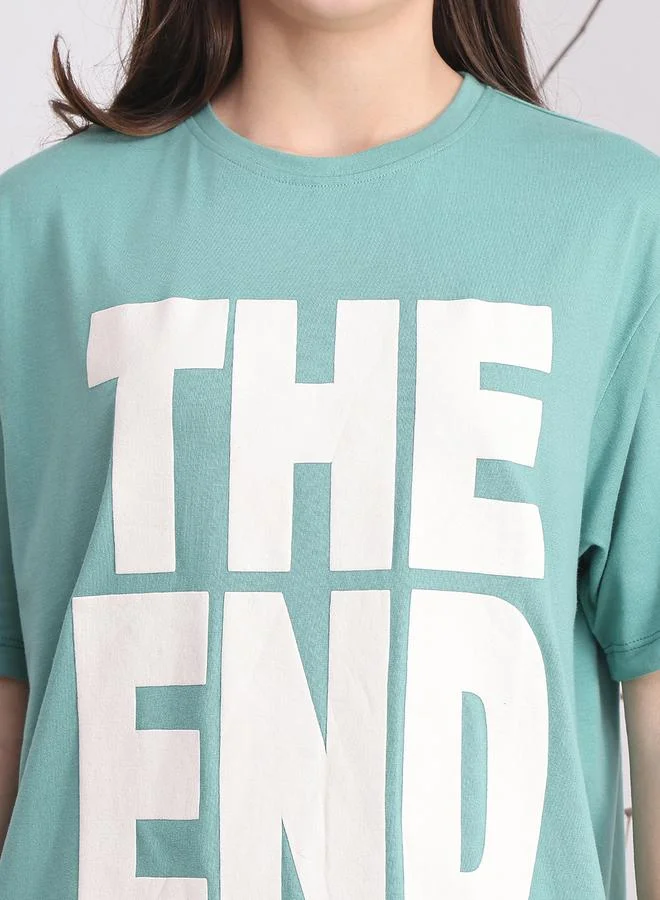 Styli Women Teal Oversized Slogan Print T-Shirt By Door74