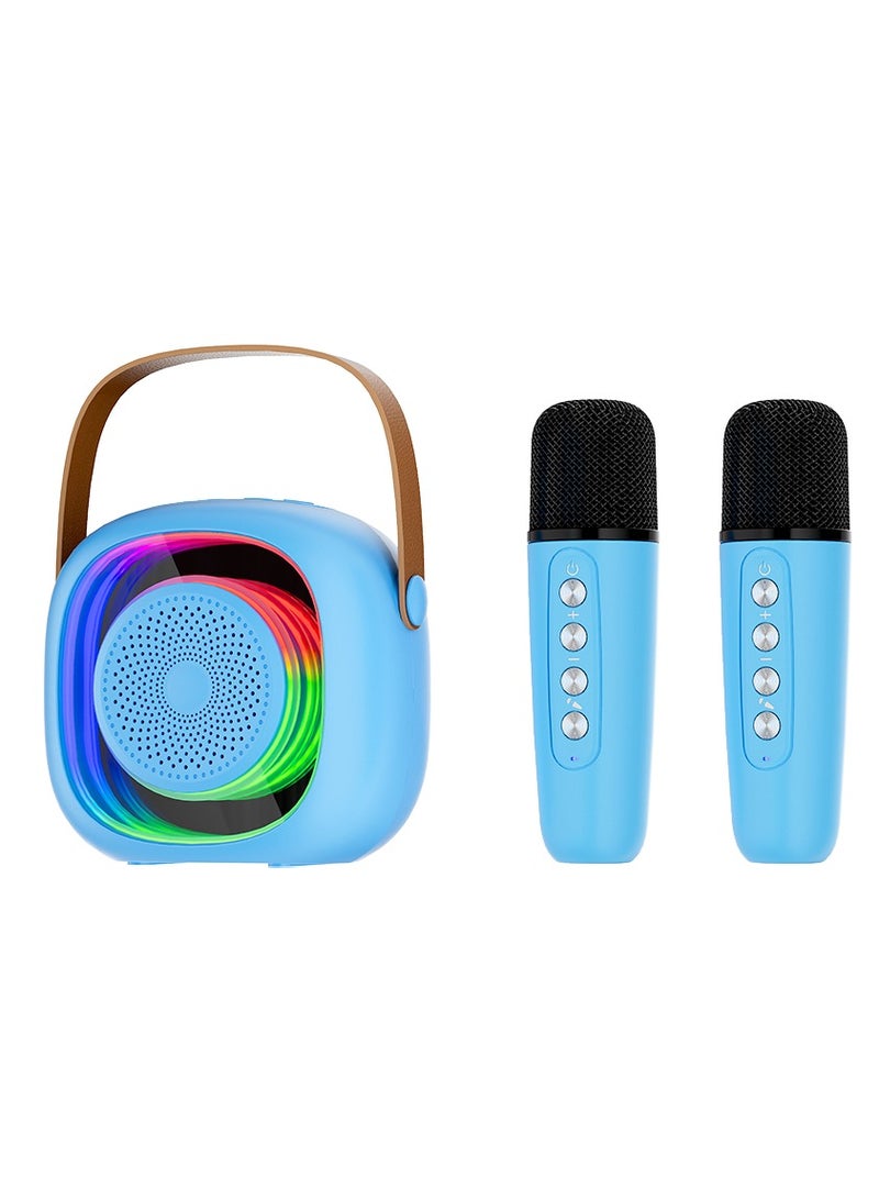 مكبر صوت كاريوكي بلوتوث مع 2 ميكروفون لاسلكي، مكبر صوت بلوتوث صغير محمول مع ميكروفون، إضاءة محيطة ملونة للتجمعات العائلية والترفيه - Image 1