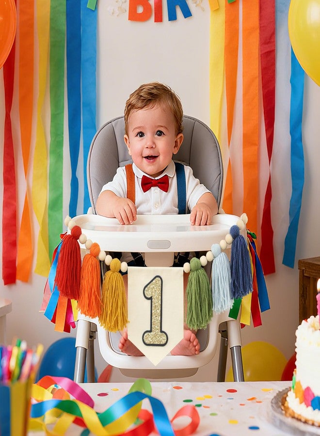 Ereniko Handmade Rainbow 1st Birthday High Chair Banner Party Decoration For Girl Baby Wall Hangings Decorative Happy One Birthday Boy Photoshoot Props Photo Props - Image 2