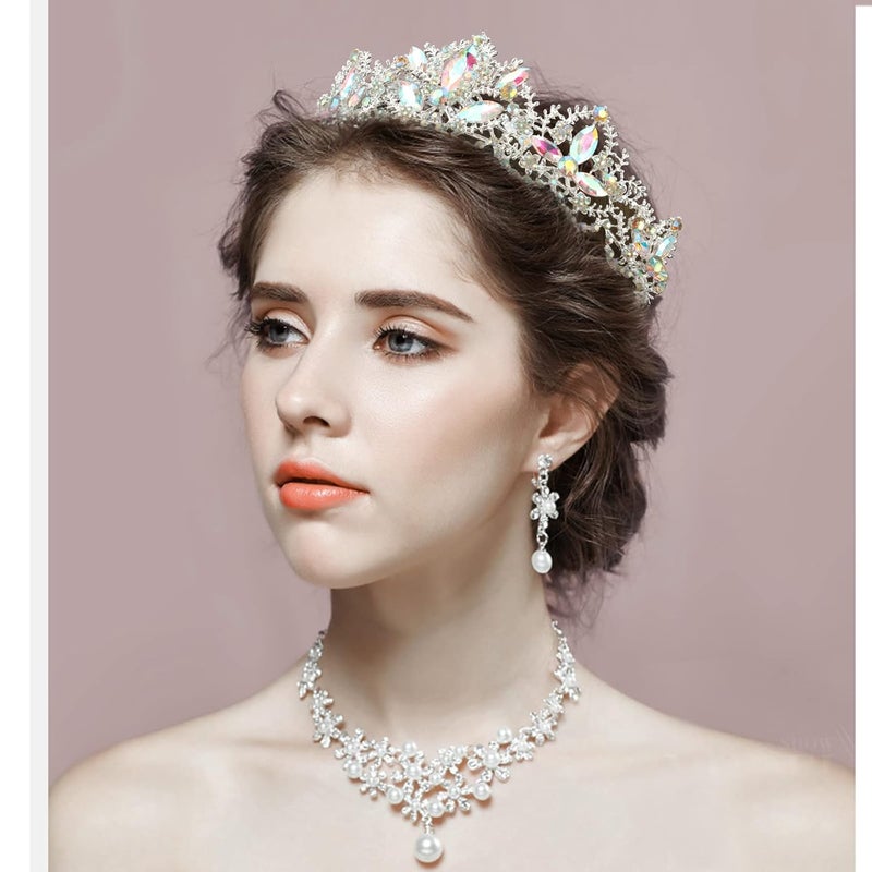 Exacoo Silver Tiaras for Women Crystal Crowns for Girls Aurora Borealis Wedding Bridal Princess Prom Party Queen Hair Accessories for Birthday Halloween Bride Bridesmaids Photography Quinceanera - Image 2