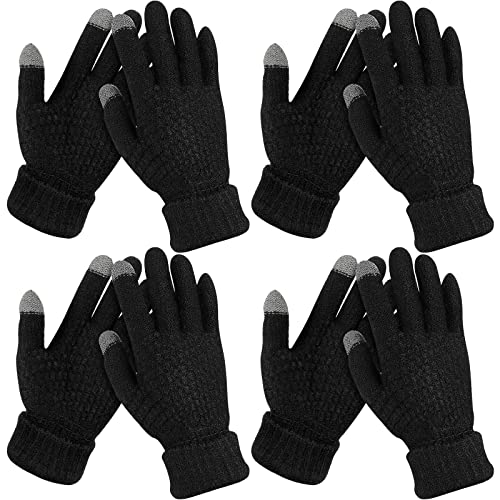 Coume 4 Pairs Kids Winter Touchscreen Gloves Warm Fleece Lined Child Knit Gloves Elastic Cuff Winter Texting for Girls Boys(Black) - Image 1