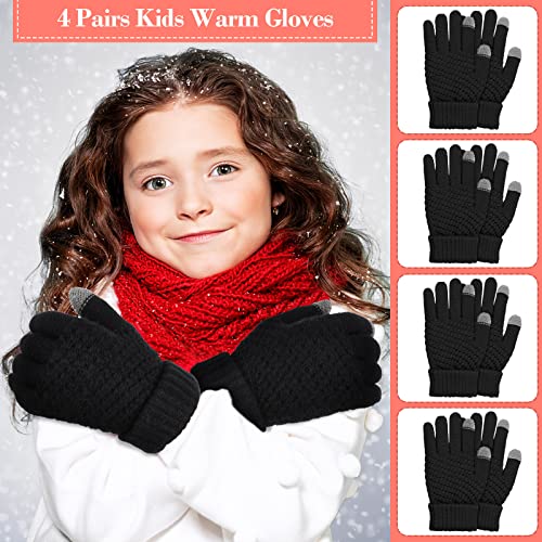 Coume 4 Pairs Kids Winter Touchscreen Gloves Warm Fleece Lined Child Knit Gloves Elastic Cuff Winter Texting for Girls Boys(Black) - Image 5