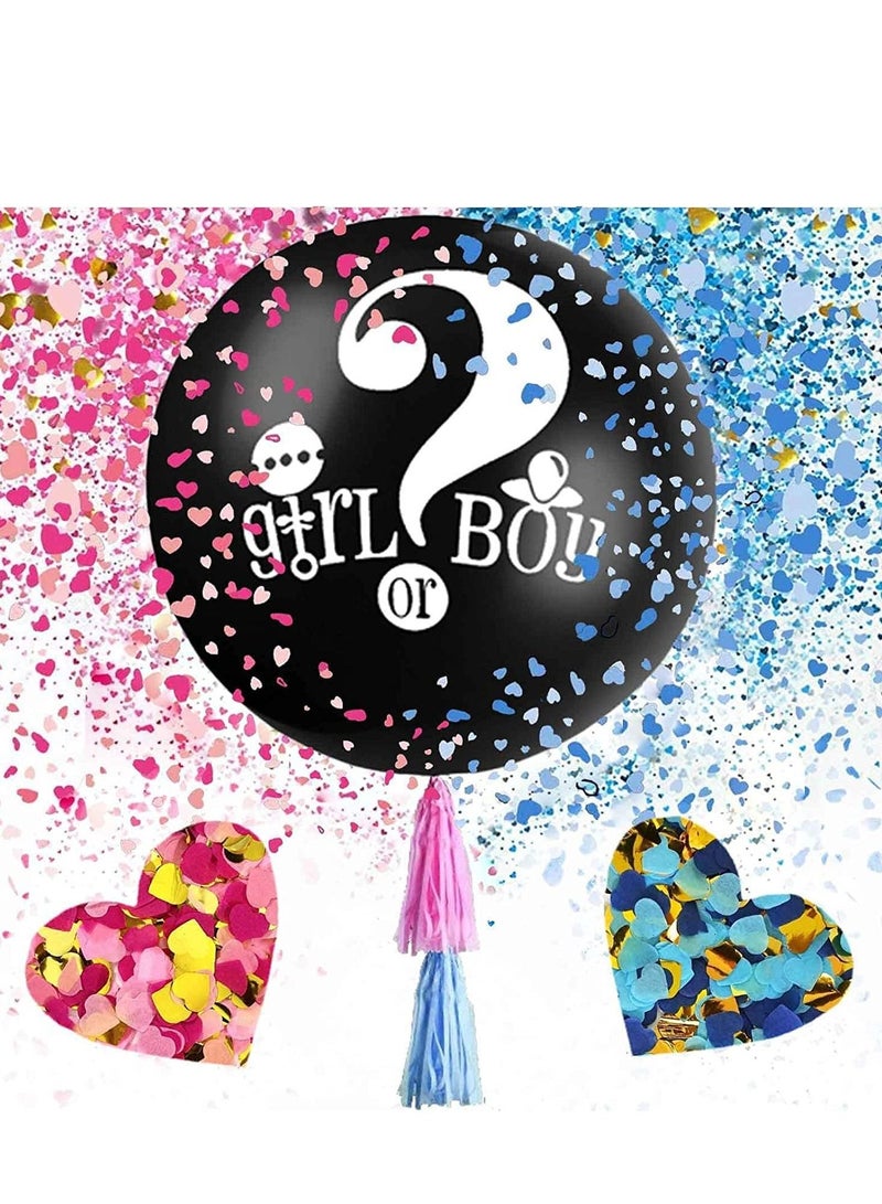 SYOSI Baby Gender Reveal Confetti Balloon - 36 Inch Big Black Balloons x2 with Pink and Blue Heart Shape Packs for Boy or Girl - Shower Party Supplies Decoration Kit - Image 1