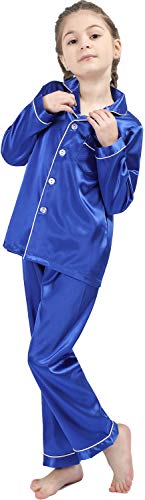 OEIU Children Kid Silky Satin Pajamas Set for Girls Boys pj Set Sleepwear Button-up Lounge Sets Nightwear Royal Blue 170 - Image 3