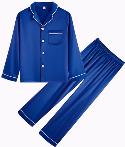 OEIU Children Kid Silky Satin Pajamas Set for Girls Boys pj Set Sleepwear Button-up Lounge Sets Nightwear Royal Blue 170 - Image 2