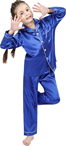 OEIU Children Kid Silky Satin Pajamas Set for Girls Boys pj Set Sleepwear Button-up Lounge Sets Nightwear Royal Blue 170 - Image 1