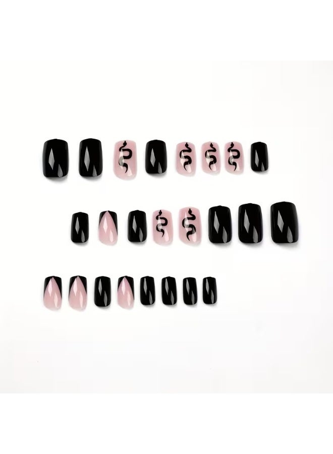 Goolsky 24pcs Medium Oval Stick On Nails, Glossy Fake Nails With Snake Design, French Simple Style Full Cover False Nails - Image 3