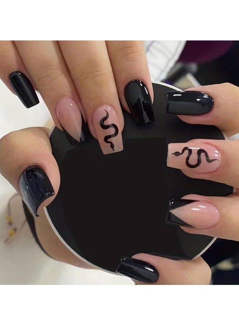 Goolsky 24pcs Medium Oval Stick On Nails, Glossy Fake Nails With Snake Design, French Simple Style Full Cover False Nails - Image 1