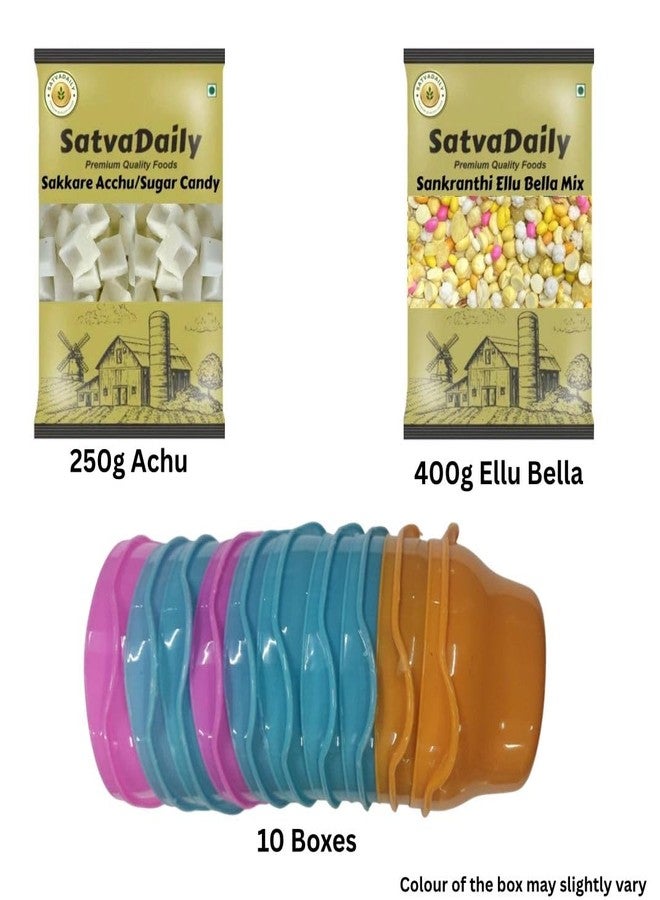 SatvaDaily Ellu Bella Mix 400g + Sakkare Achu 250g + 10 boxes Combo | Yellu Bella Mix for Pongal/Sankranthi Sankranthi Special Mix Pongal Lohri Items Ellu Beerodu Jaggery Sesame Mixed | Makara Sankranthi Pongal Special Nugulu + Sugar Candy Box Shape - Image 2