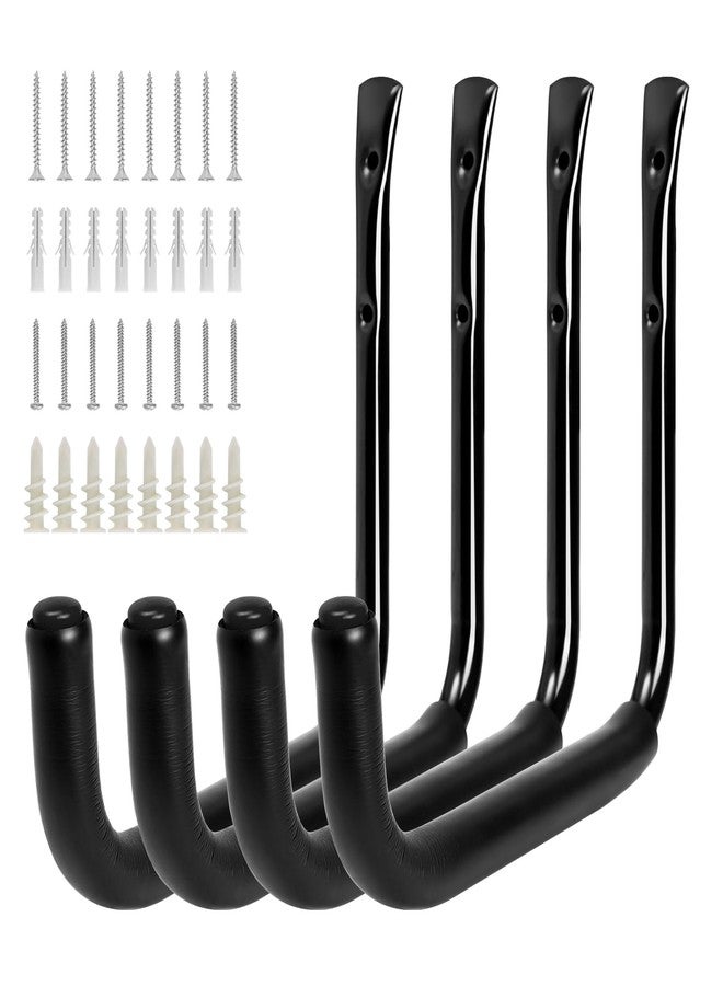KURUI Garden Water Hose Holder for Outside, 4Pcs Ladder Garage Storage Hooks for Extension Cord Tool Cable, Black Wall Mount J Utility Hooks, Heavy Duty Hose Hanger for Hanging - Image 1