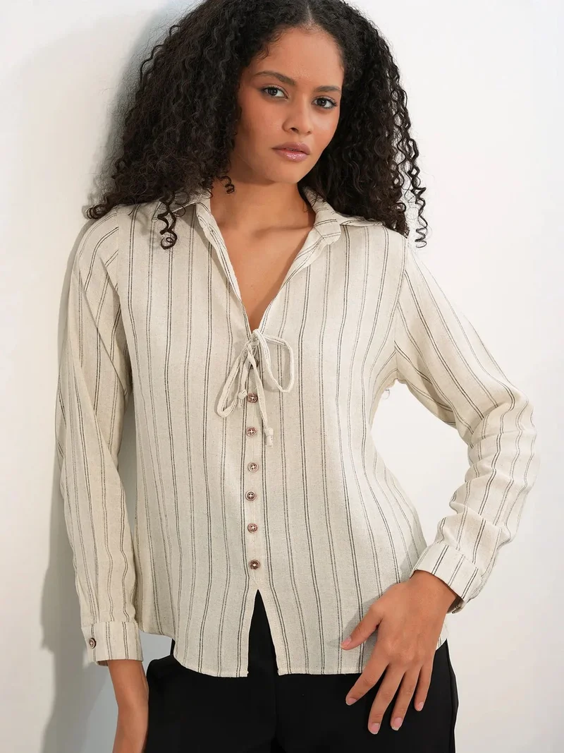 Big Dart Cream Natural BDART Striped Linen Blend Shirt With Tie Detail for Women | Best Price UAE