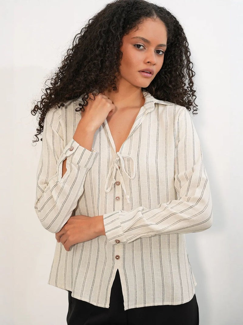 BIG DART BDART Striped Linen Blend Shirt With Tie Detail - Image 1