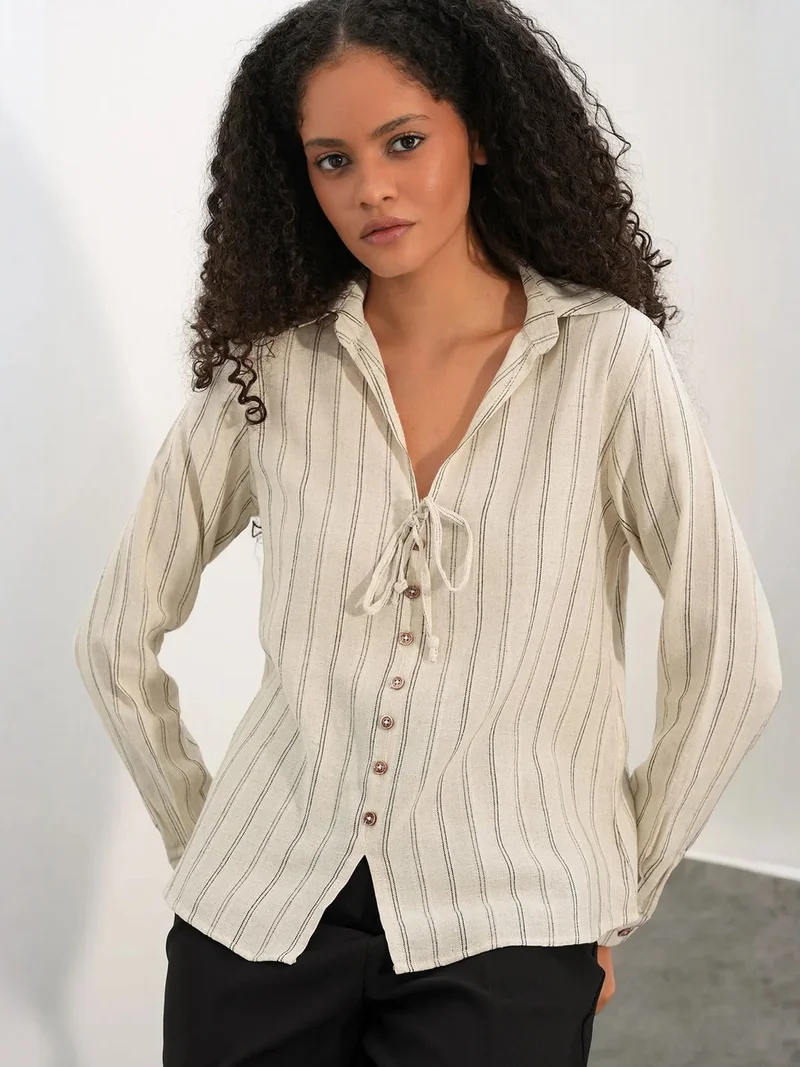 Big Dart Cream Natural BDART Striped Linen Blend Shirt With Tie Detail for Women | Best Price UAE