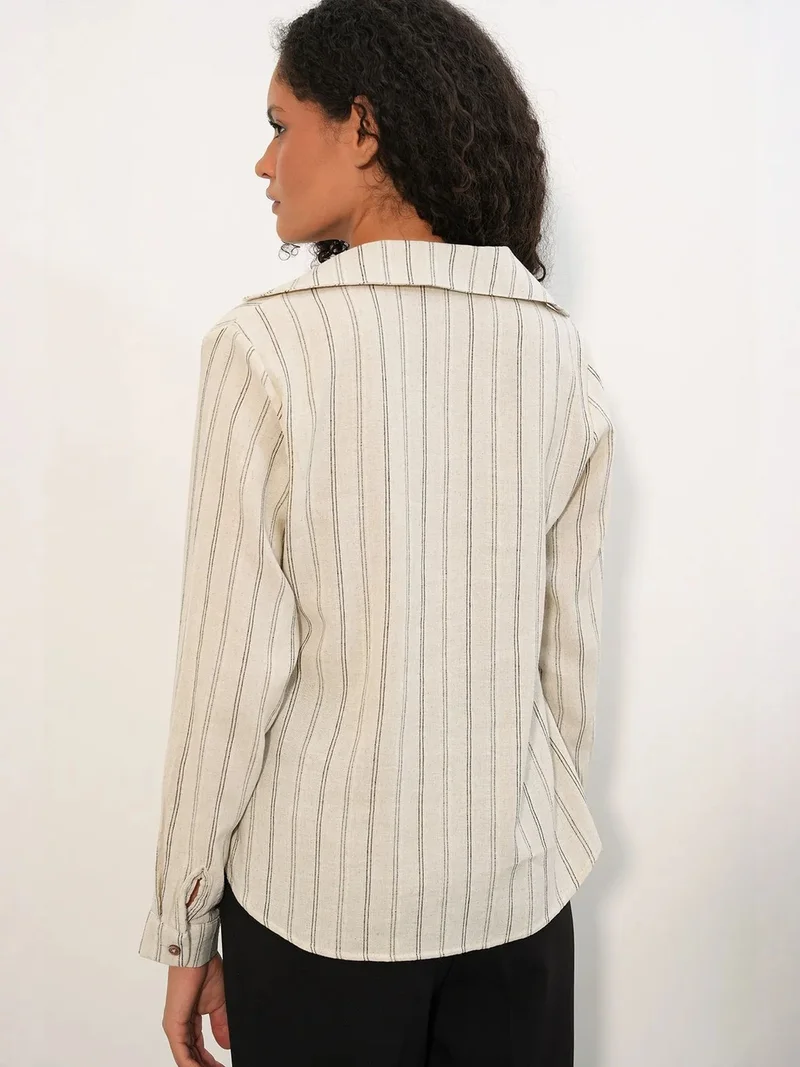 Big Dart Cream Natural BDART Striped Linen Blend Shirt With Tie Detail for Women | Best Price UAE