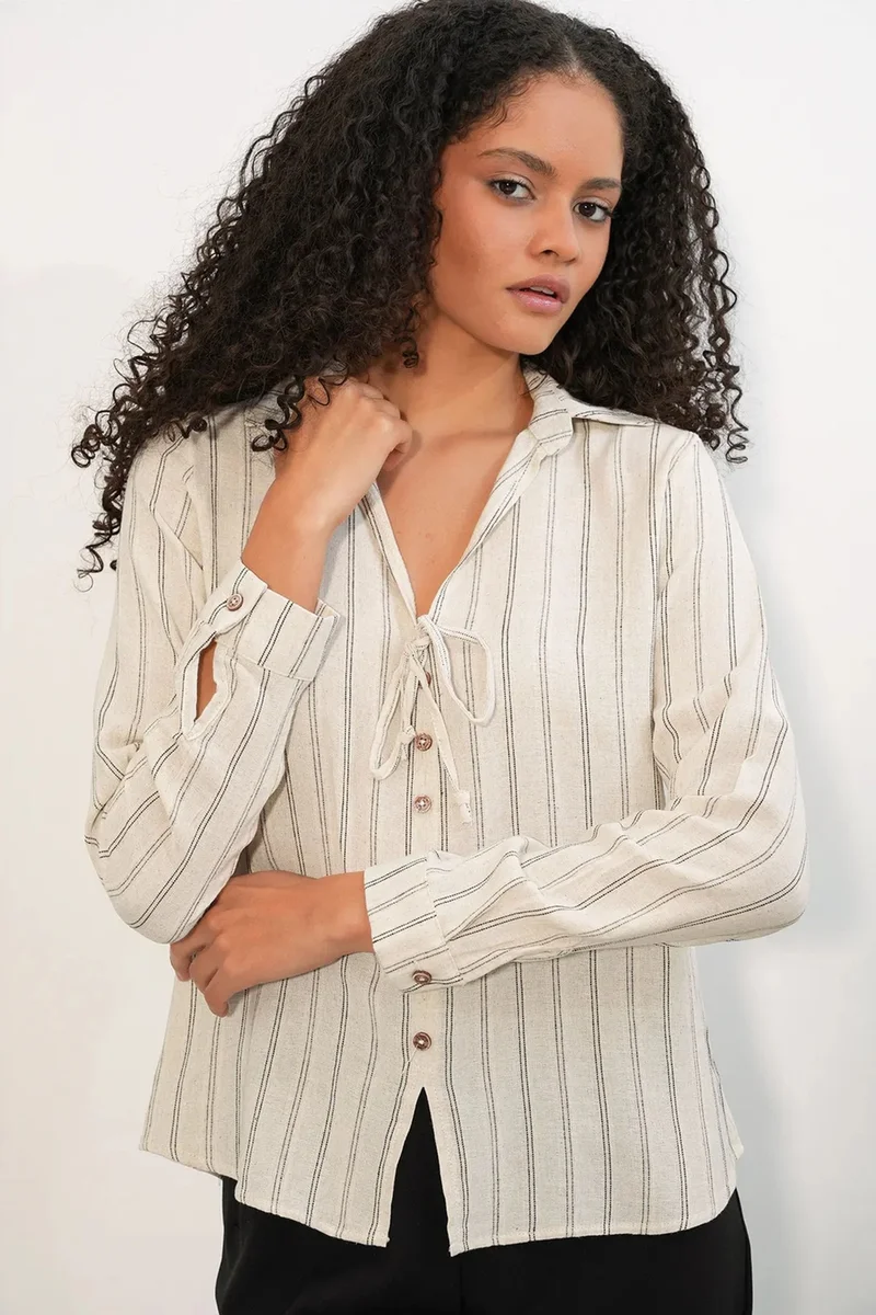 Big Dart BDART Striped Linen Blend Shirt With Tie Detail