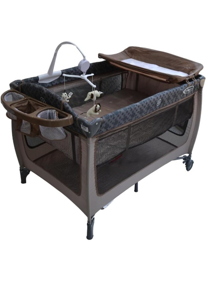SMR Kids SMR Kids 105 cm by 70 cm 2 Tier Crib - Changing Table - Storage Basket (Brown Dot) - Image 1