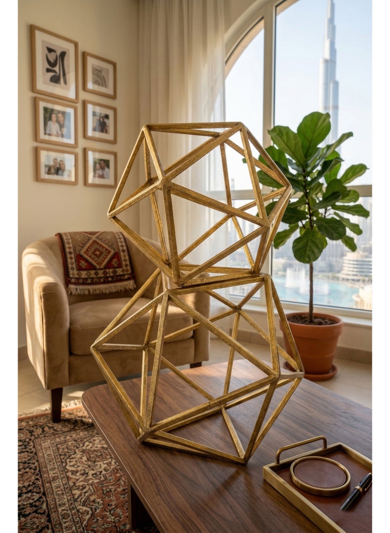 Gulfura Gold Geometric Sculpture Set | Icosahedron Wire Frame Decor  | Modern Minimalist Table Accent | Antique Gold Iron | Set of 2 - Image 3