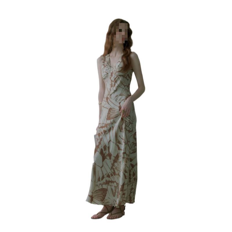 2025 French Retro Butterfly Print V-Neck Sleeveless Dress for Women