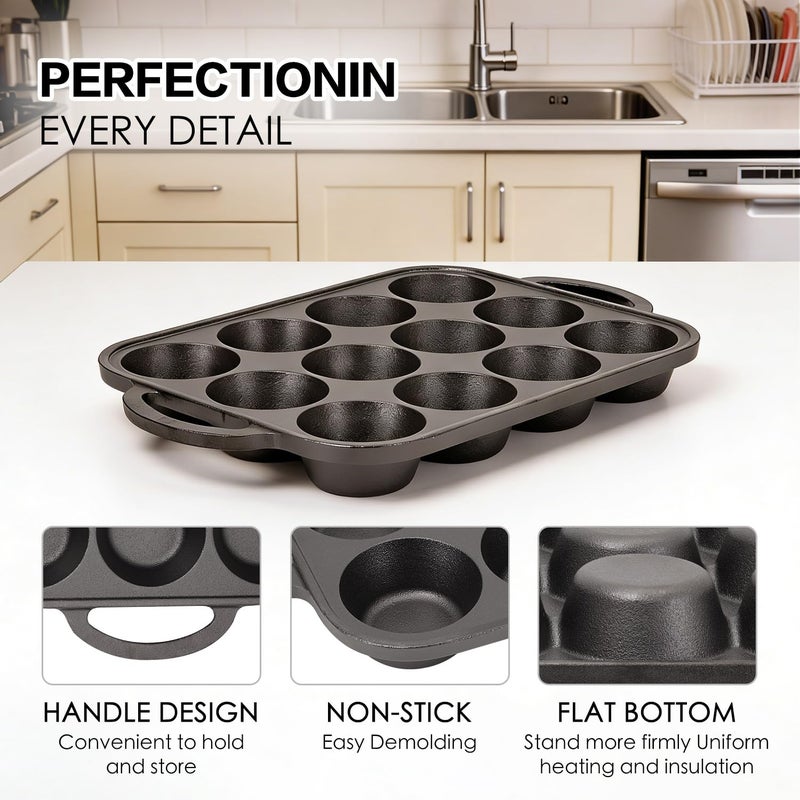 Flavehc 2pack Cast Iron Muffin Pans for Baking 12 Cup Regular Size Cupcake Pan with Handle Pre-Seasoned Muffin Pans Molds - Image 4